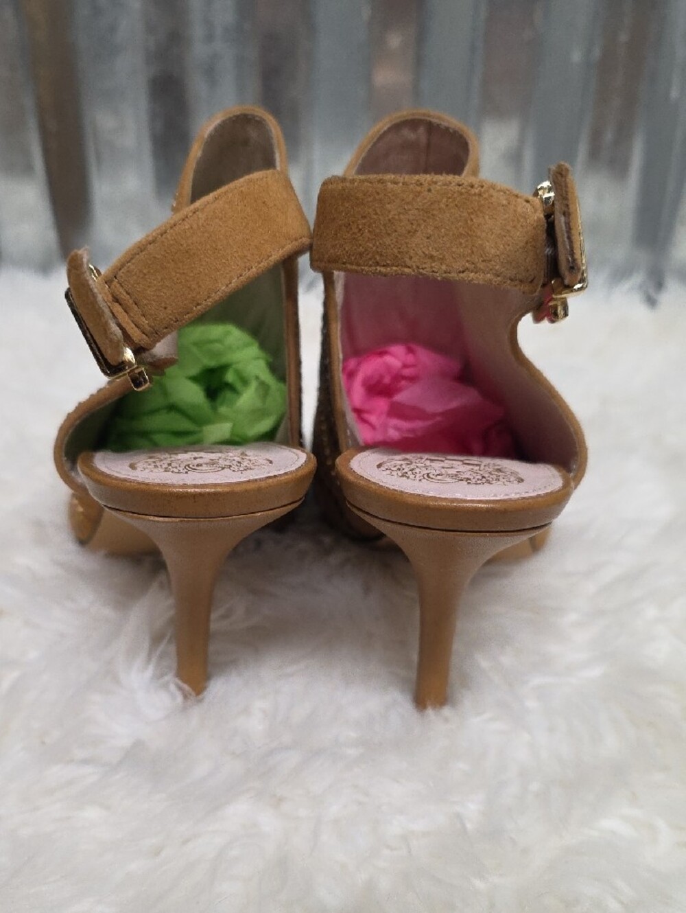 Vince Camuto Tan Studded Peep-Toe Slingback Heels - Picture 4 of 8